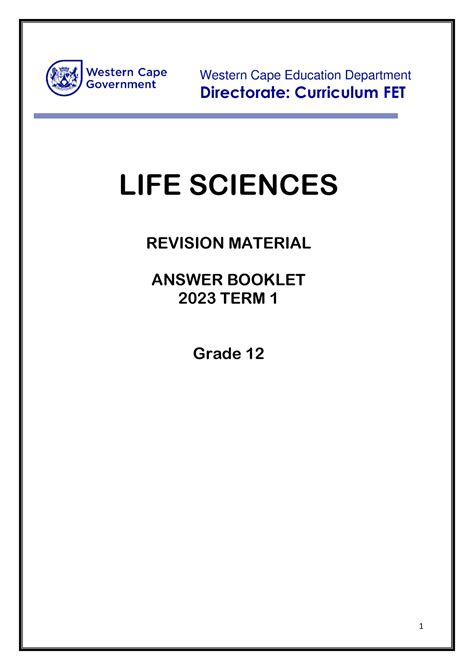 Life Sciences Grade 12 Answer Booklet Term 1 2023 Western Cape