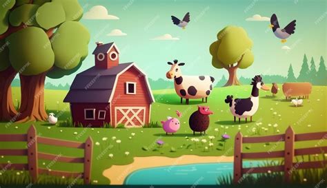 Fazenda Desenhos Animados - Uma cena de fazenda dos desenhos animados com um celeiro e um porco em ...