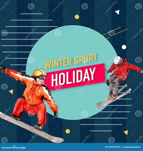 Winter Sport Social Media Design with Ski, Snowboard Watercolor