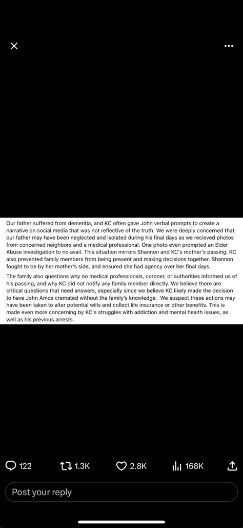 Statement from the Amos family sharing that the entire family, but Mr
