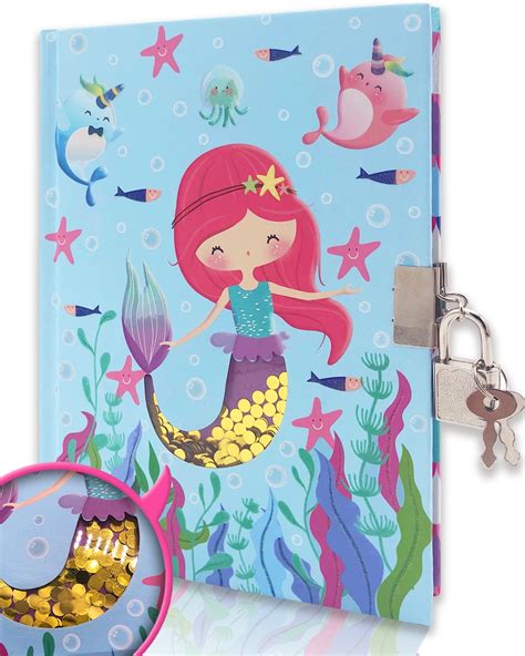 Diary with Lock for Girls, 7x5.5 Inch 160 Lined Pages Blue Mermaid ...
