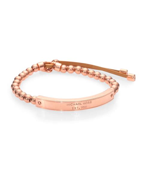 Michael Kors Beaded Leather Plaque Stretch Bracelet In Gold Rose Gold