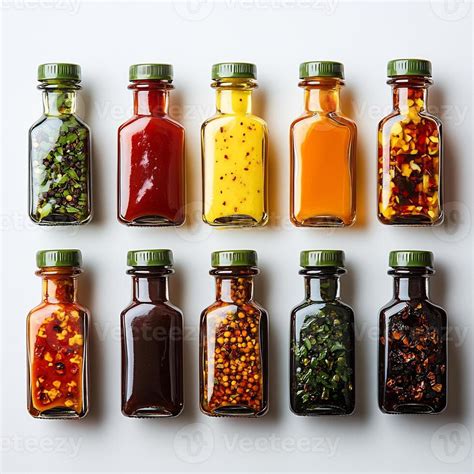 Various Hot Sauces Small Bottles Arranged On A Pristine White