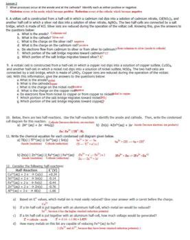 Ap Chemistry Electrochemistry Homework Handout With Answer Key By Chem