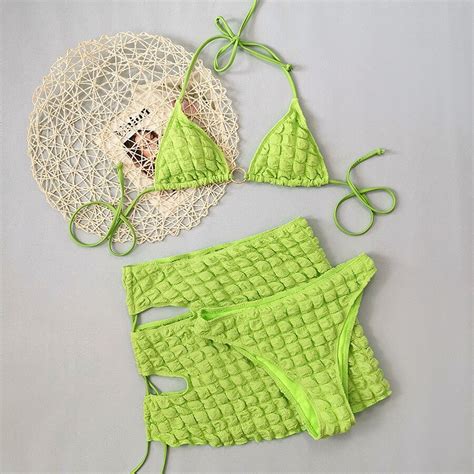 Blue Green Bubble Cloth Three Pieces Bikini Set With Skirt Halter Swimsuit Power Day Sale