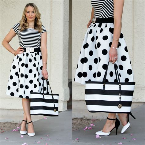 Black And White Polka Dot Stripe Skirt Via Glamourzine Polka Dot Skirt Outfit Dot Skirt