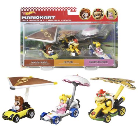 Машинка Mattel Hot Wheels Mario Kart Vehicles Pack Tanooki Mario Bowser Princess Peach купить