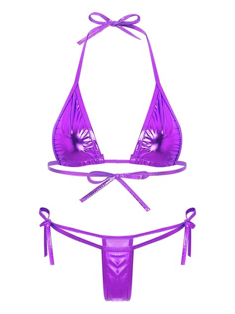 Yizyif Womens Metallic Bikini Set Halter Triangle Bra With Mini G String Thong Swimwear Purple A