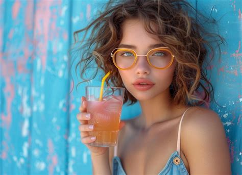 Premium Photo Brunette Beauty Adorned In Yellow Glasses Sips A Cocktail Gracefully Through A Straw