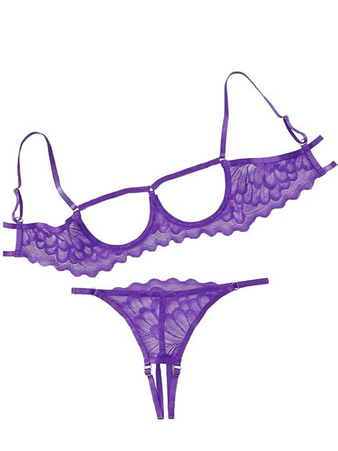 Snapklik Womens Sexy Underwire Floral Lace Sheer Lingerie Set See