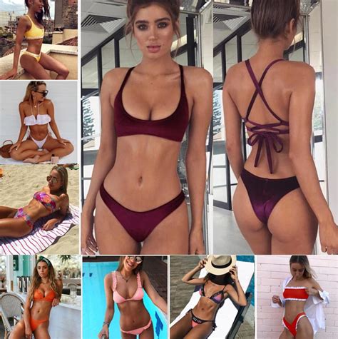 New Halter Swimsuit Women Flannel Bikini Set Solid Beach Bandage Swimwear Push Up Bathing