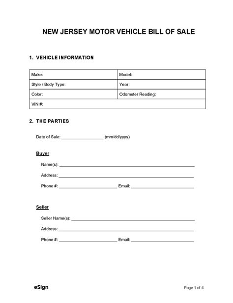 Free New Jersey Motor Vehicle Bill Of Sale Form Pdf Word