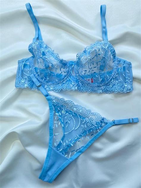 Sky Blue Lingerie Set Lace Underwear Lingerie Flower Lingerie Etsy