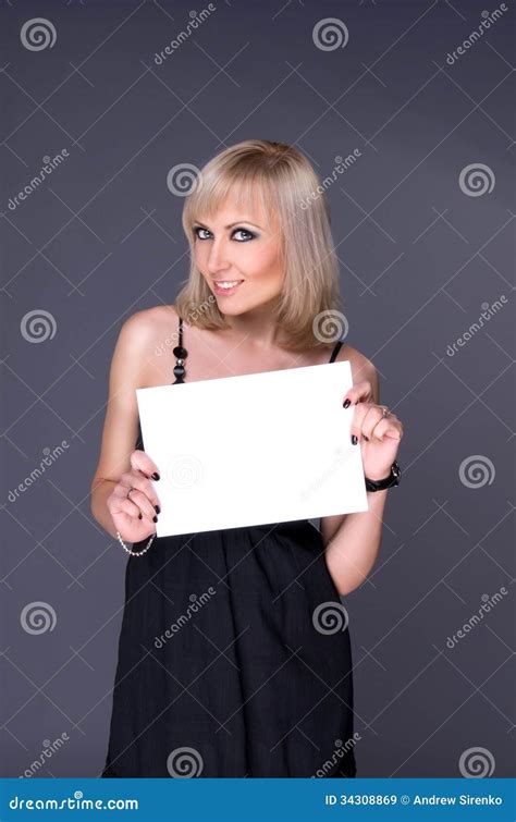 Blonde Holding In Hands Of White Blank Stock Image Image Of Beauty