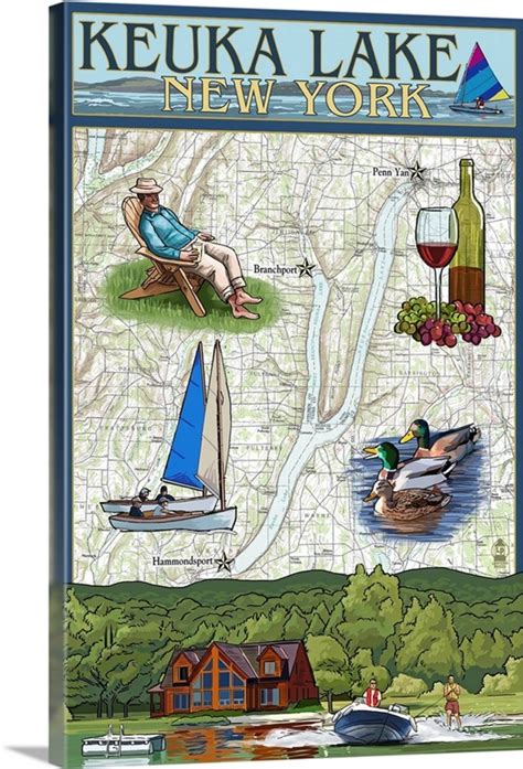 Keuka Lake New York Nautical Chart Retro Travel Poster Great Big