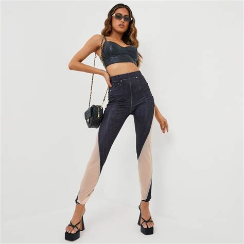 High Waist Contrast Detail Leggings In Navy And Nude Mesh EGO