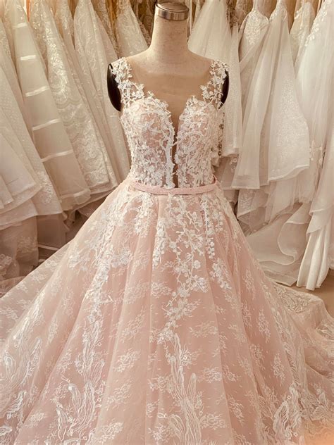 Nude Light Pink Deep V Neck Lace Applique Sleeveless A Line Wedding Dress Various Styles