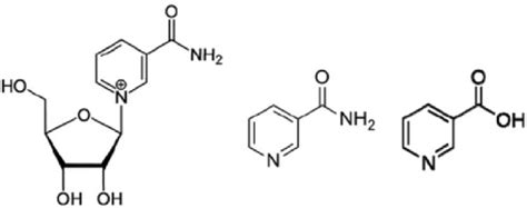 Nicotinamide riboside (NR, left), Nicotinamide (NAM, middle), Nicotinic ...