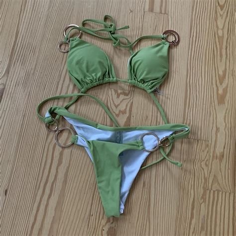 Cute Green Bikini With Gold Rings Attached Depop
