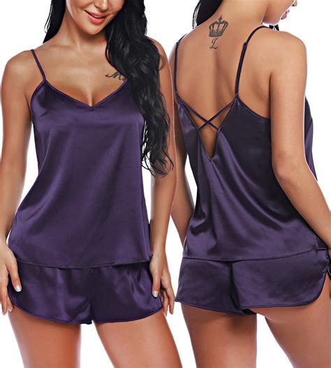 Rslove Women S Silk Pajamas Sexy Lingerie Satin Sleepwear Cami Shorts Set Nightwear Iris M For
