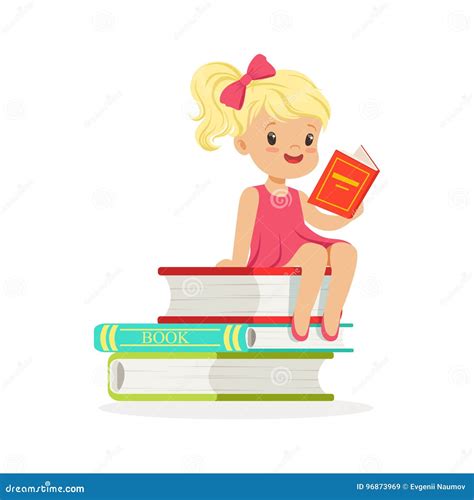 Belle Fille Blonde Dans La Robe Rose A De Lecture Sur La Pile Des Livres Enfant Appr Ciant La