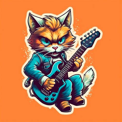 Un Gato De Dibujos Animados Tocando Una Guitarra Con Ojos Azules