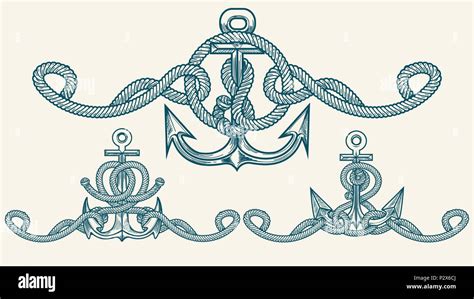 Set Of Anchor With Marine Ropes Drawn In Retro Style Vector