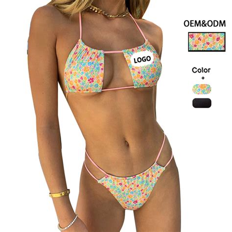 Oem Odm New String Sexy Micro Floral Bikini Thong Piece Women Swimwear Sexy C String