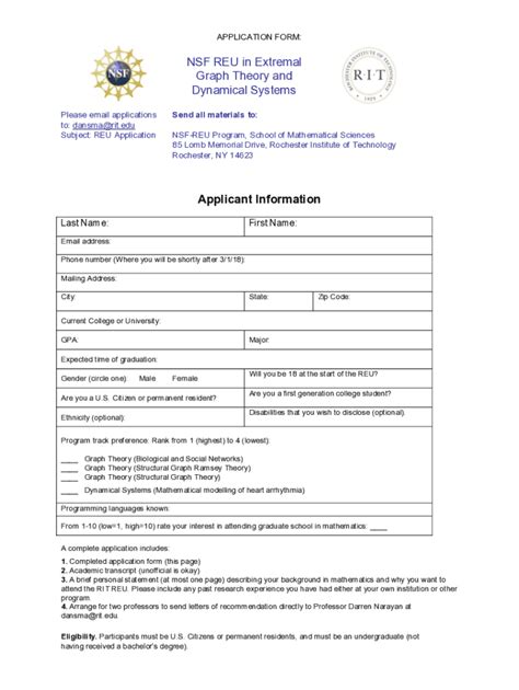 Fillable Online REU Application Rochester Institute Of Technology Fax