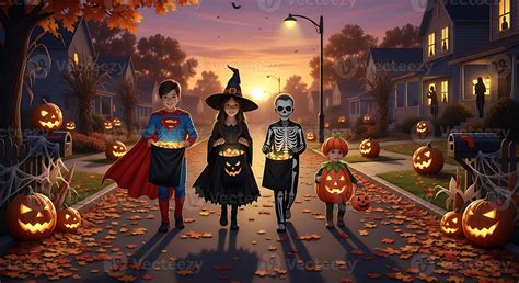 Children Trick-or-Treating Surrounded by Orange Autumn Leaves 70443108