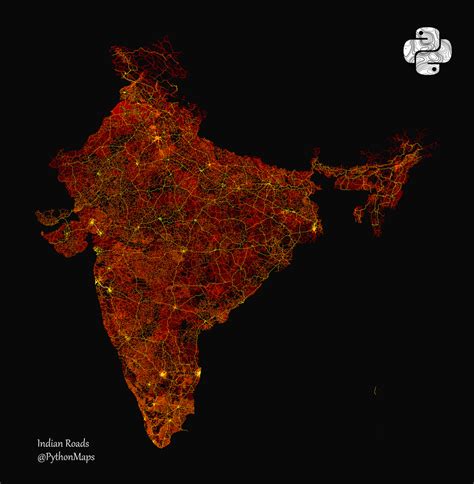 Roads of India! Shows all roads from highways (yellow) down to lanes ...