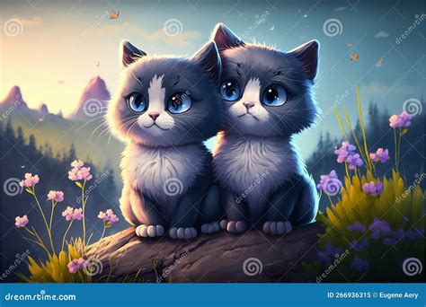 Cute Cartoon Style Cat Couple With Landscape Background Stock