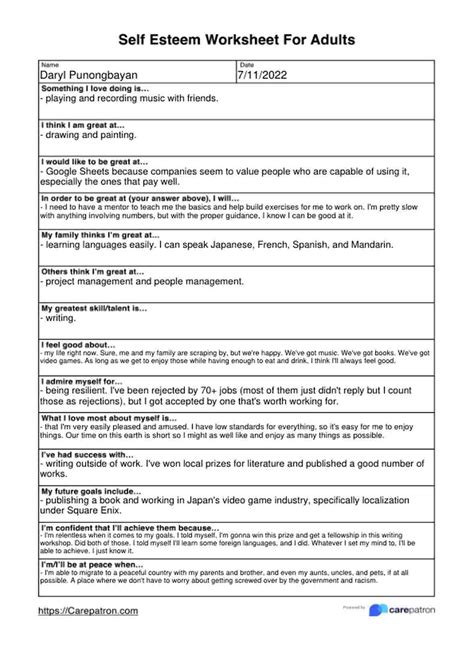 Self Esteem Worksheet For Adults And Example Free Pdf Download