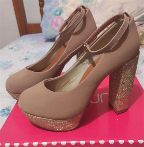 Sapato Nude Meia Pata Salto Grosso Alto Detalhea Dourado Sapato Feminino Summer Usado