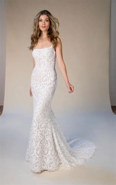 Boho Lace Column Wedding Dress with Open V-Back | Addy Gown