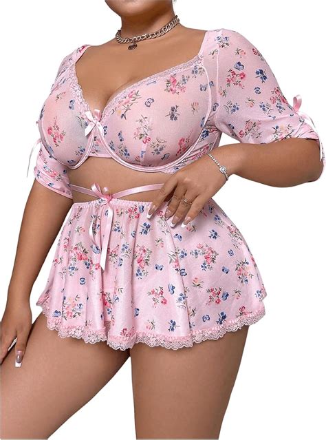 Amazon Shenhe Women S Plus Size Piece Lingerie Set Cute Floral Bowknot Babydoll Lingerie