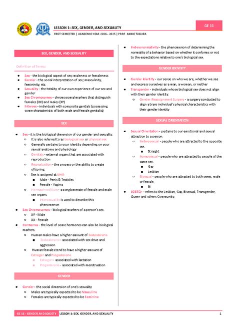 Chapter 1 Sex Gender And Sexuality LESSON 1 SEX GENDER AND SEXUALITY GE 11 FIRST