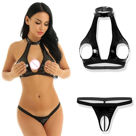 Women Sexy Open Cup Bra Erotic Cortex Lingerie Set Wet Look Faux Leather Sexy Clothing Erotic