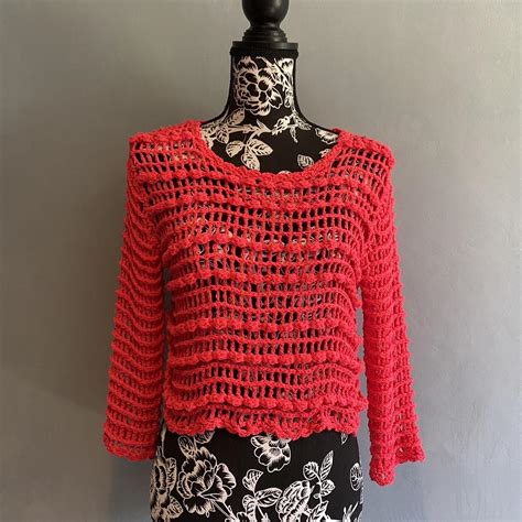 Netted Crochet Hot Pink Long Sleeve Top Not Cropped Depop