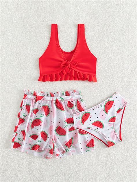 Chicas Bañador bikini con estampado de sandía ribete con fruncido con shorts de playa Moda de