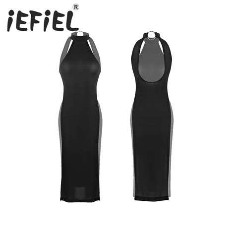 Lingerie Sensual Feminina Ultra Fina Gola Halter Pernas Altas Fenda Vestido Transparente
