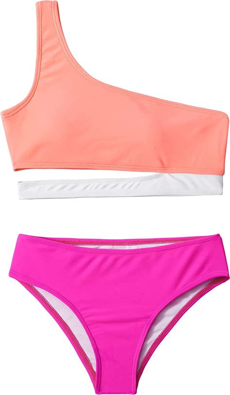 Girls Swimsuit Two Piece One Shoulder Cutout Bikini Summer Beach Sport Bathing Suits For 11 12T