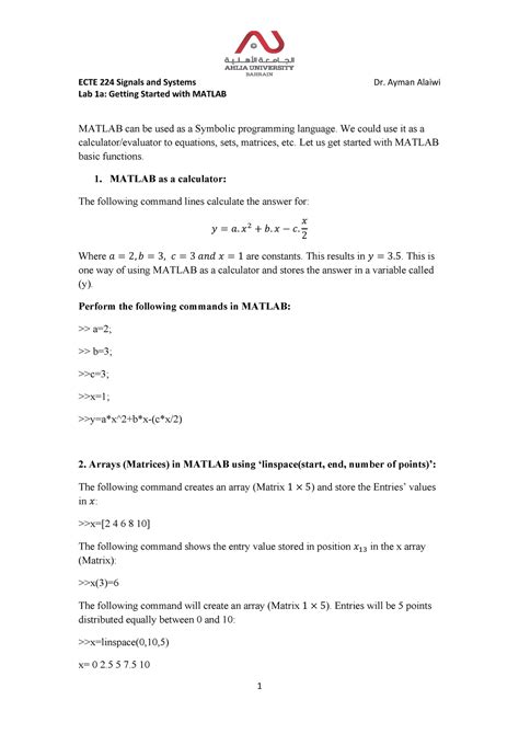 Lab A V Getting Started With Matlab Lab A Getting Started With