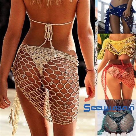 SEE Womens Swimwear Triangle Wrap Fishnet Solid Color Shells Swimsuit Skirt Bikini Cover Up
