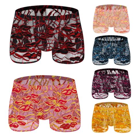 MENS LACE BOXER Briefs See Through Sexy Lingerie Panties Low Rise Mesh