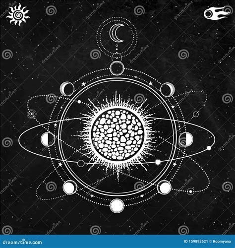 Mystical Drawing Stylized Solar System Moon Phases Orbits Of Planets