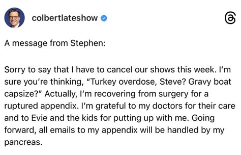 Stephen Colbert Cancels Episodes Of Late Show After Ruptured Appendix