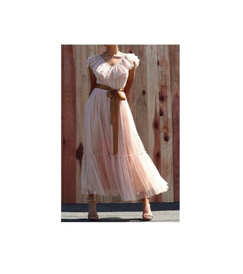 Bohemian Nude Swiss Polka Dot Mesh Ruffled Belted Long Maxi Dress Summer Vacation Wedding