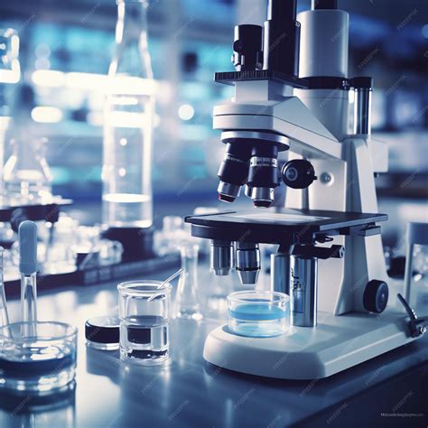 Premium Photo | Microscope with lab glassware in modern medical