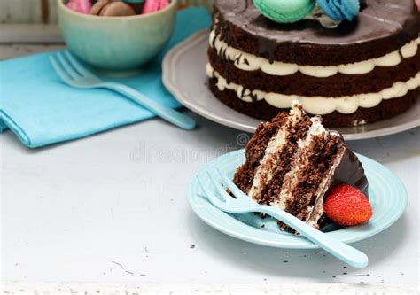 Open Naked Chocolate Cake With Vanilla Cream Stock Image Image Of